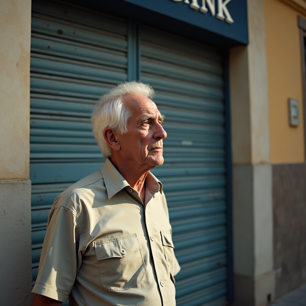 An elderly man sitting alone looking at a closed bank branch window with a thoughtful, concerned expression