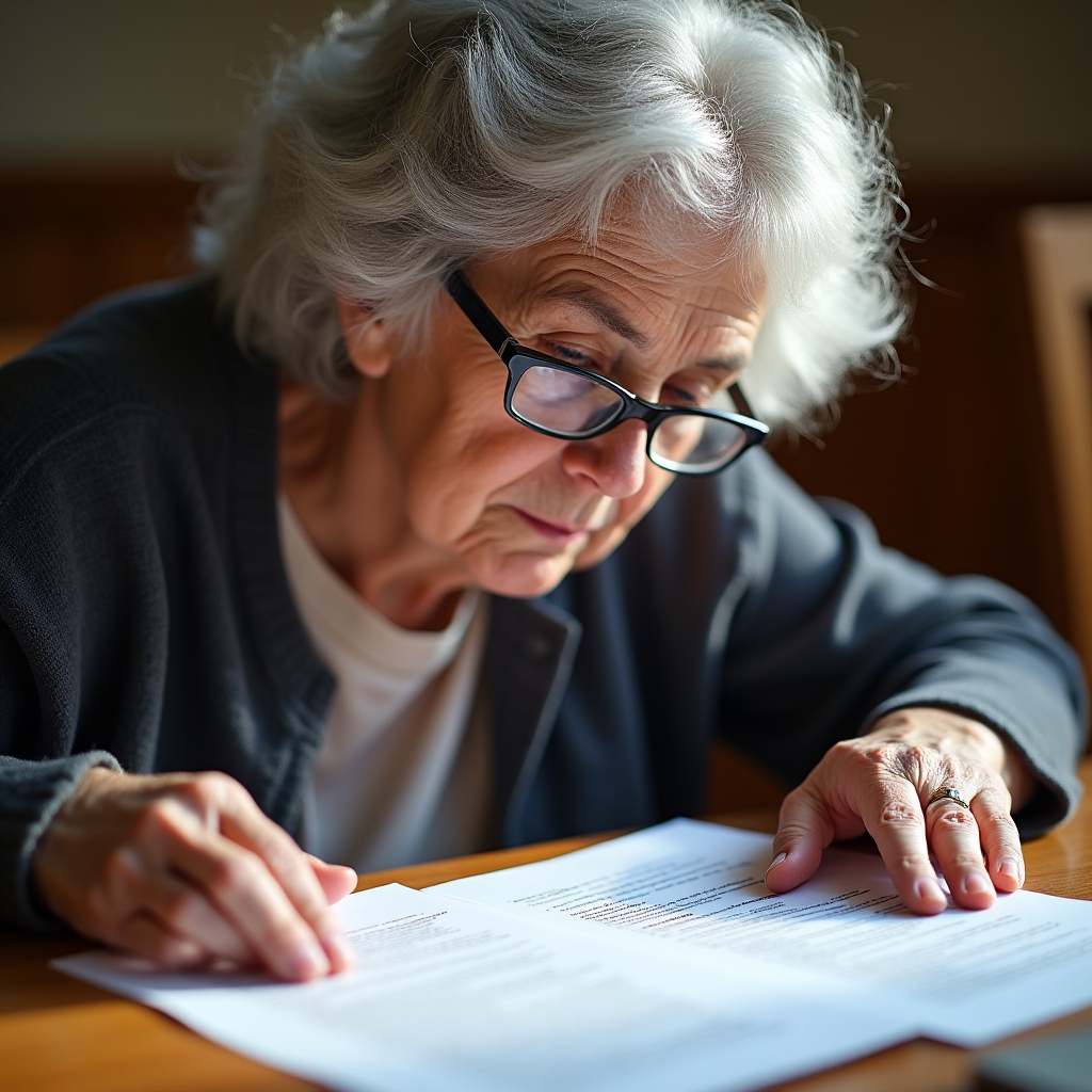 An older woman at a workshop table studying printed examples of fraudulent email messages laid out in front of her