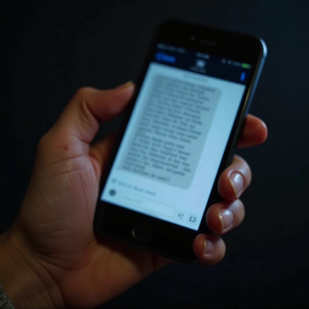 Close-up of a smartphone showing a suspicious SMS message being carefully examined