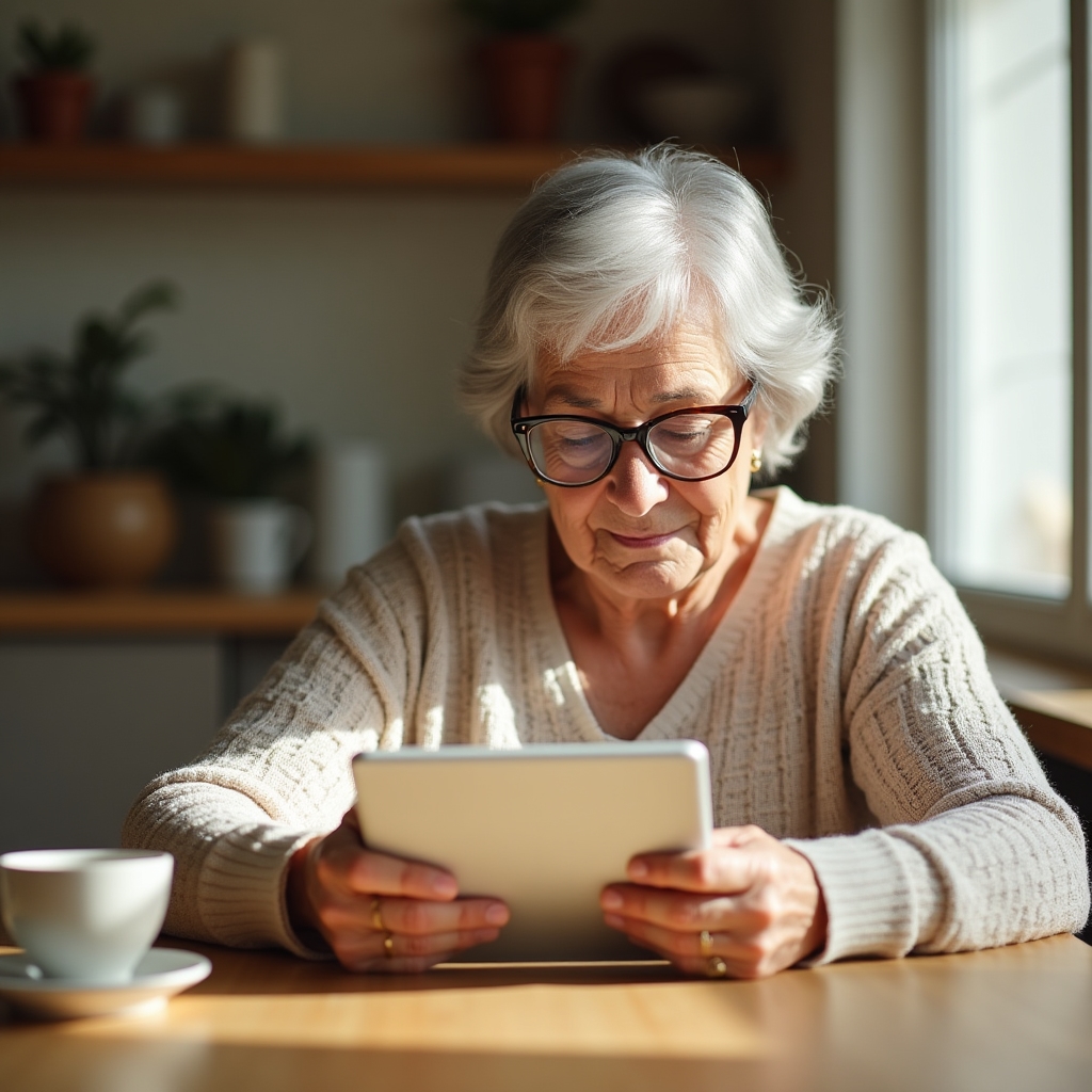 Elderly woman using a tablet to access her online bank account at home