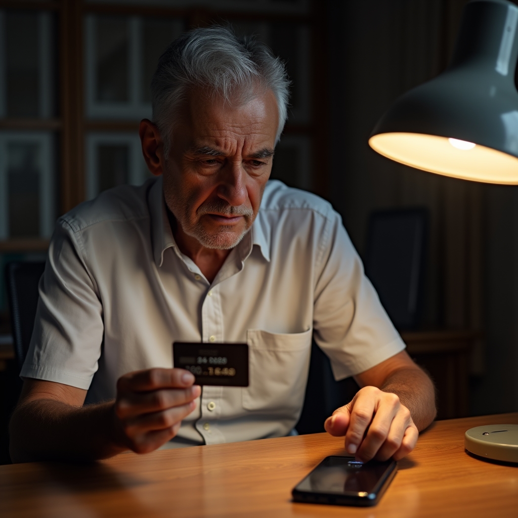 An older man sitting at a desk, carefully dialing a phone number from the back of a bank card to report a suspicious message
