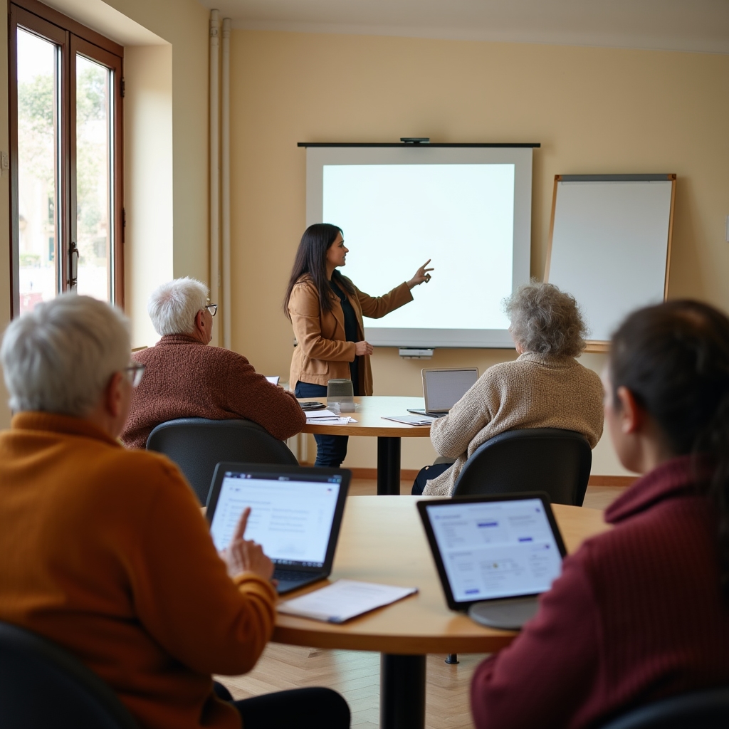 Group of seniors attending a digital literacy workshop in a bright classroom