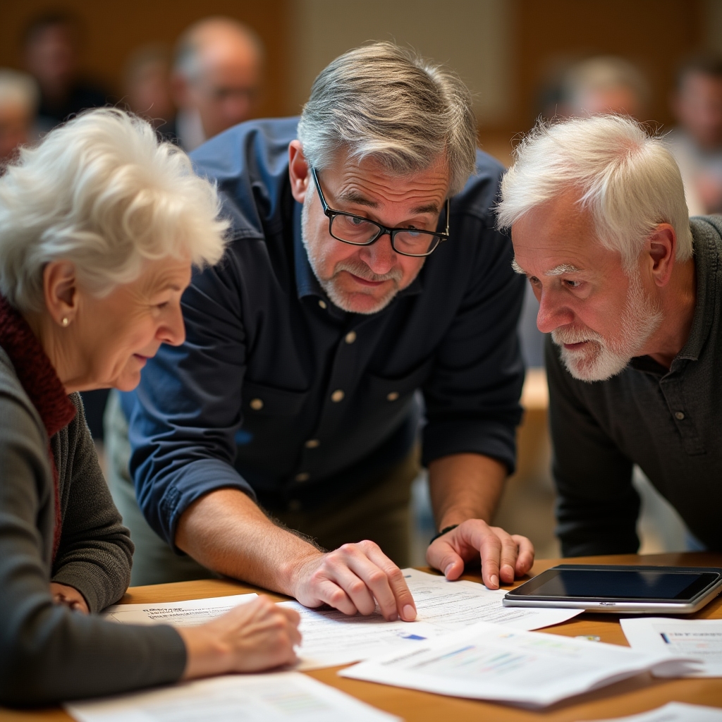 A volunteer instructor leaning forward at a table, patiently explaining something to two older participants who are listening attentively